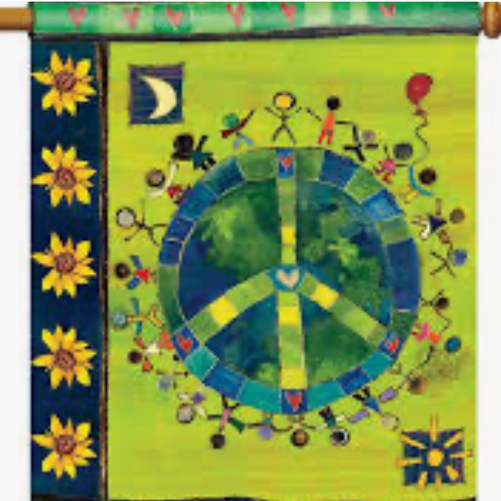 Stephanie Burgess Peace Sign Large House Flag with Sunflowers